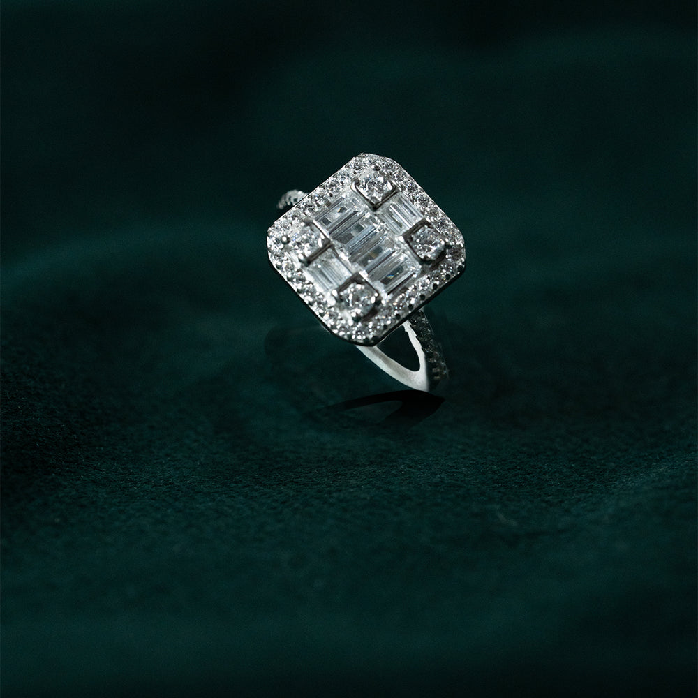 Square Halo Baguette Ring