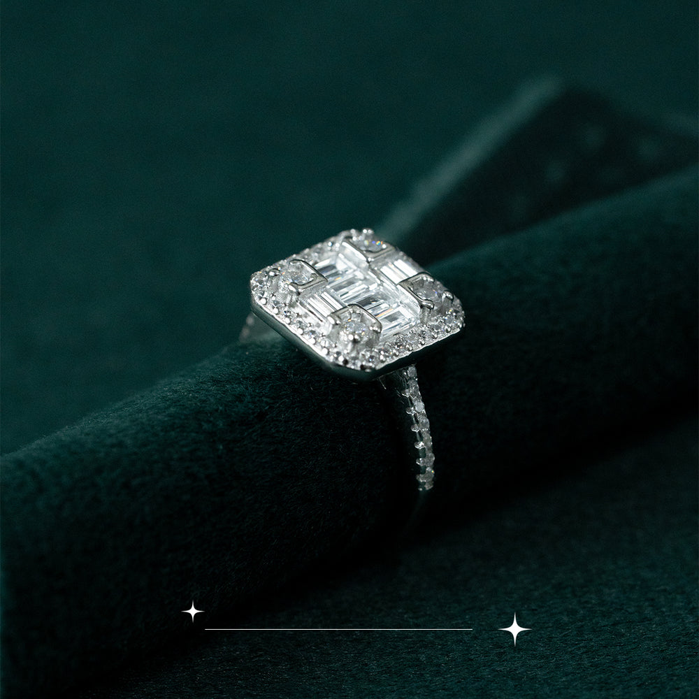 Square Halo Baguette Ring