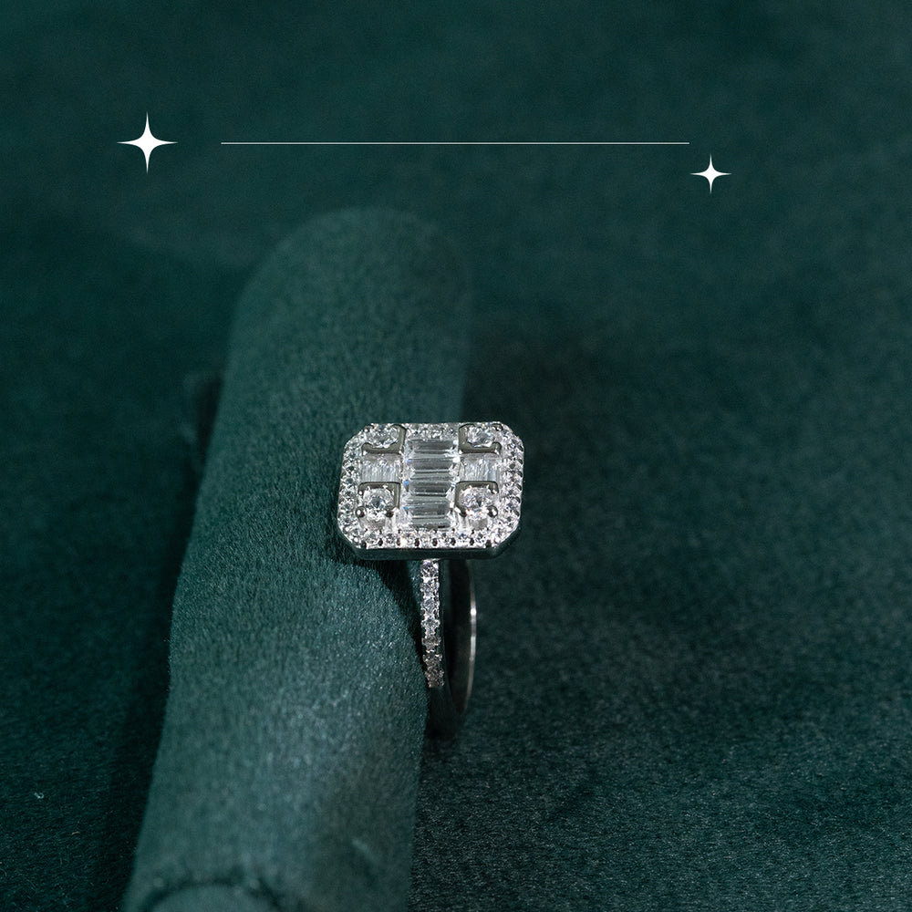 Square Halo Baguette Ring