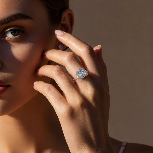 Square Halo Baguette Ring